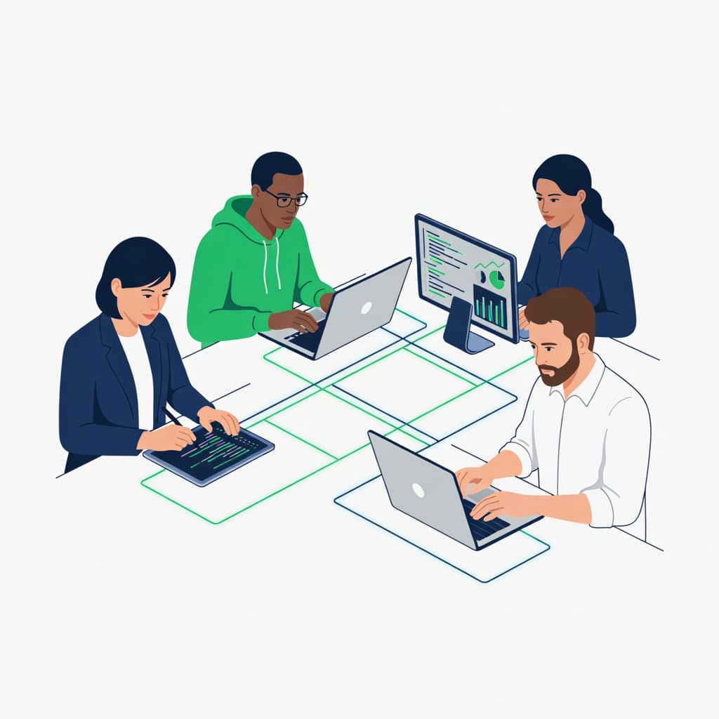 Diverse freelancers collaborating remotely on laptops and screens